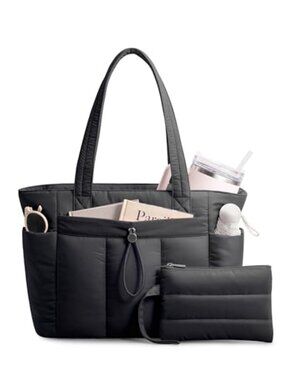 Puffy Tote Bag with Cup Holder & Laptop Compartment & Cosmetic Bag & Trolley
